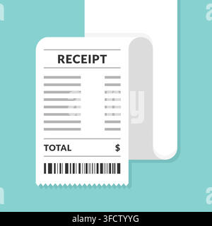 Perforated Paper Receipt with Barcode and Folded Edge on Teal Background Vector Illustration Stock Vector