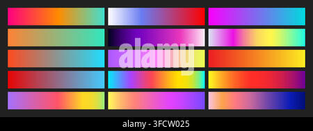 Iridescent gradient swatches showcase holographic rainbow colors with metallic sheen vector illustration set. Stock Vector