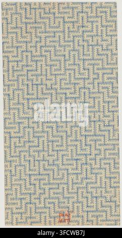 A detailed maze pattern with blue lines on a cream background, arranged in a grid-like structure, from a mid-19th century print. Stock Photo