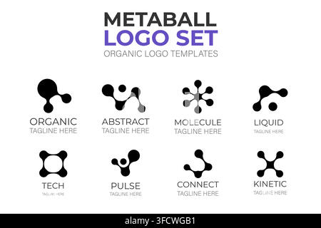 Organic metaball logo set with abstract fluid shapes molecule icons connect symbols vector collection for modern branding and technology Stock Vector