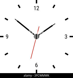 Minimal Analog Clock Icon with Black Hour and Minute Hands and Red Second Hand Isolated on Transparent Background. Simple Time Symbol with Numbers and Stock Vector
