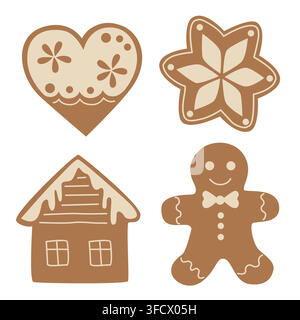 Hand-drawn illustrations of iced Christmas gingerbread cookies with winter holiday decor and heart, snowflake, house and man shape Stock Vector