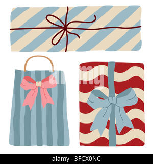 Hand-drawn wrapped gift and present boxes illustrations with ribbon and bow for birthday, Christmas, baby shower, Valentines day Stock Vector