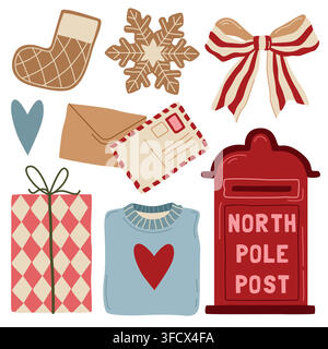 Hand-drawn Christmas clip art illustrations, letters to Santa, North Pole post mailbox, sweater, gingerbread cookies and gift Stock Vector