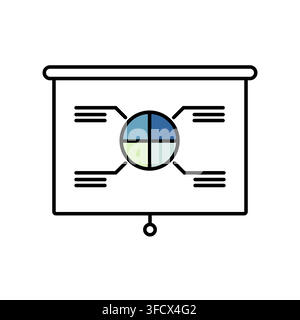 Minimalist Line Art Projector Screen Icon Displaying Divided Pie Chart and Data Text Lines for Business Statistics and Market Share Analysis Stock Vector