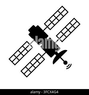 Minimalist Line Art Space Satellite Icon with Solar Panels and Dish Antenna for Satellite Communication and Technology Concept Stock Vector