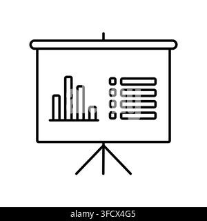 Minimalist Line Art Presentation Screen Icon Showing Bar Chart and Structured Text Summary for Business Overview and KPI Reporting Stock Vector