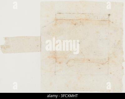 A print from the late 18th century, part of a set titled "Jeu de cartes au portrait de Lyon avec son enveloppe", presenting a worn and aged paper with a rectangular shape and a tear on the left side. Stock Photo