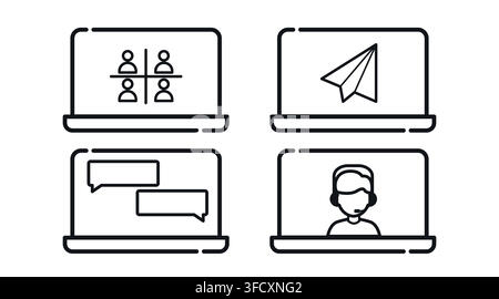 Digital communication and remote team work laptop computers vector icons set. Black line art style on white background. Stock Vector