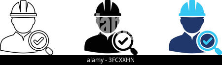Engineer icon with checkmark magnifying glass, construction safety inspection and quality control concept Stock Vector