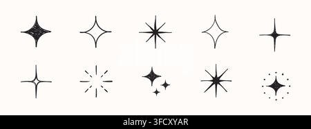 Hand drawn sparkle star doodles and minimalist line icons. Fine pencil textures, starbursts, and aesthetic hand-drawn elements Stock Vector