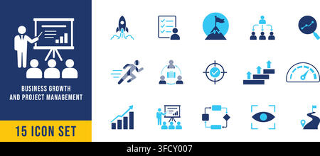 Business growth and project management icon set, 15 vector marketing and strategy symbols concept Stock Vector