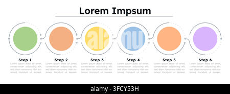 Flat colored circular empty infographic template. Horizontal flow chart layout. Vector diagram blank design with 6 steps. Editable info graphic with o Stock Vector