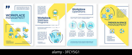 Workplace management blue and yellow brochure design template Stock Vector