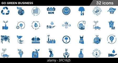 Vector illustration set of 32 go green business icons featuring eco recycling, CO2 neutral, green energy, carbon footprint, and sustainability. Stock Vector