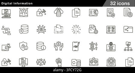 Vector illustration set of 32 digital information icons featuring cloud data, file security, information search, network folder, and line symbols. Stock Vector