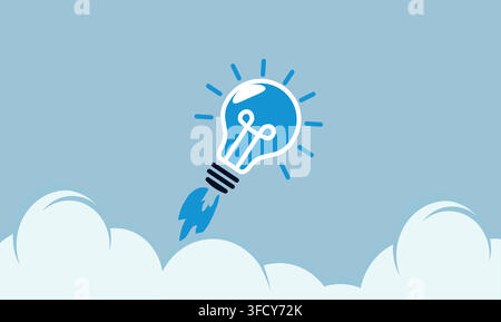 Vector illustration of glowing light bulb rocket launching above clouds, symbolizing creative startup, bright innovation, project launch, and big idea Stock Vector