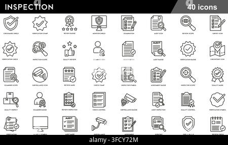 Vector illustration set of 40 inspection icons featuring quality control badge, checklist examination, surveillance camera, audit, and line symbols. Stock Vector