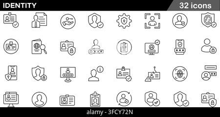 Vector illustration set of 32 identity icons featuring ID card badge, facial recognition, fingerprint scan, password access, and line symbols. Stock Vector
