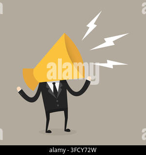 Vector illustration of a businessman in a suit with a yellow megaphone for a head shouting loud announcements with lightning bolt symbols. Stock Vector