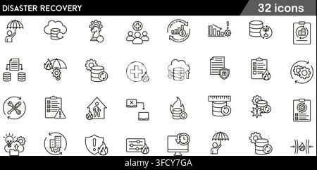 Vector illustration set of 32 disaster recovery icons featuring cloud backup, data protection, emergency response, firewall security, and line symbols Stock Vector
