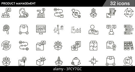 Vector illustration set of 32 product management icons featuring product roadmap, launch rocket, quality control, user feedback, and line symbols. Stock Vector
