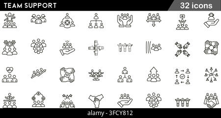 Vector illustration set of 32 team support icons featuring customer service, teamwork unity, corporate hierarchy, care hands, and line symbols. Stock Vector