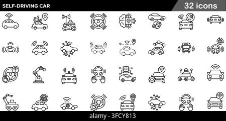 Vector illustration set of 32 self driving car icons featuring autonomous navigation, smart sensors, AI vehicle, steering, and line symbols. Stock Vector