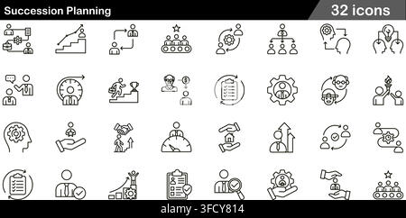 Vector illustration set of 32 succession planning icons featuring leadership development, career advancement, talent pipeline, and line symbols. Stock Vector