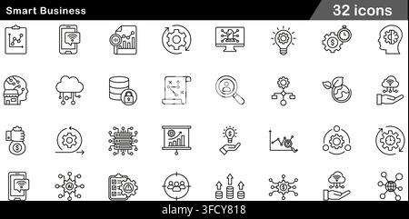 Vector illustration set of 32 startup planning icons featuring launch rocket, strategy roadmap, financial funding, MVP development, and line symbols. Stock Vector