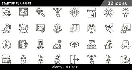 Vector illustration set of 32 startup planning icons featuring launch rocket, strategy roadmap, financial funding, MVP development, and line symbols. Stock Vector