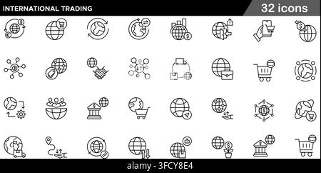Vector illustration set of 32 international trading icons featuring global commerce, currency exchange, worldwide shipping, and import export symbols. Stock Vector
