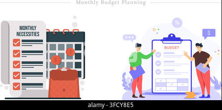 Vector illustration set of monthly budget planning concepts featuring necessities receipt checklist, calendar, briefcase, clipboard, and businessmen. Stock Vector