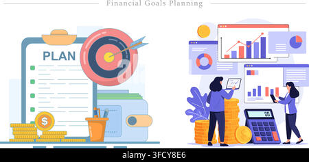 Vector illustration set of financial goals planning featuring plan clipboard, target board, gold coins, wallet, dashboard charts, and calculator. Stock Vector