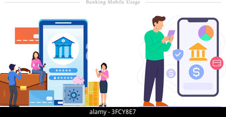 Vector illustration set of banking mobile usage concepts featuring smartphone screen, bank building, safe vault, credit cards, and user characters. Stock Vector