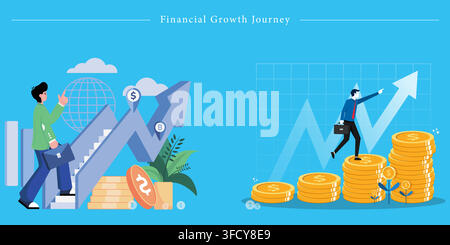 Vector illustration set of financial growth journey featuring businessman on escalator, rising graph, gold coin stacks, and career success symbols. Stock Vector