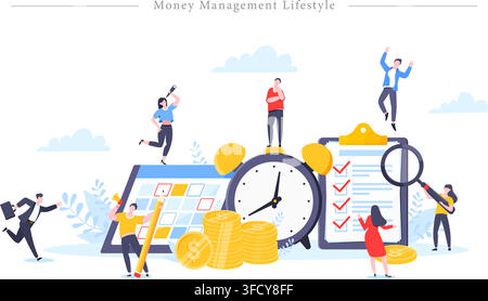 Vector illustration of tiny people with calendar, clock, coins, checklist, and magnifying glass representing money management and lifestyle planning. Stock Vector