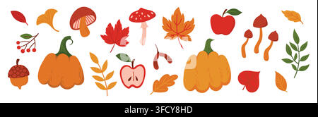 Autumn cozy botanical elements set isolated on white. Fall season forest icons collection including pumpkin, foliage, apple, mushroom, berries, acorn Stock Vector