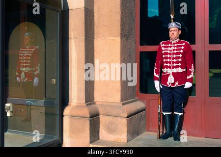 Guard in front of the Presidency building on a hot day, Sofia, Bulgaria, The Balkans, Eastern Europe Stock Photo