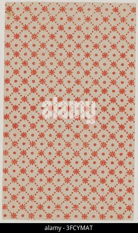 An early 19th-century engraved print featuring a repeating pattern of small red flowers and dots on a cream background, arranged in a grid-like design, dated between 1800 and 1830. Stock Photo