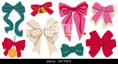 Colorful Christmas holiday decorative bow clip art hand drawn vector set for festive gift packaging Stock Vector