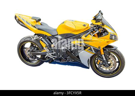 Modern yellow sport motorcycle isolated on white background, sleek aerodynamic design, black gray accents, high-performance setup, glossy finish, intr Stock Photo