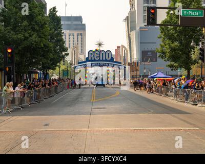 Reno, Nevada USA - July, 24 2021: People watching and participating in the 2021 Reno Pride Parade on Virginia Street in the downtown district. Stock Photo