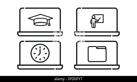 Online education and academic productivity laptop computers vector icons set. Black line art style on white background. Stock Vector