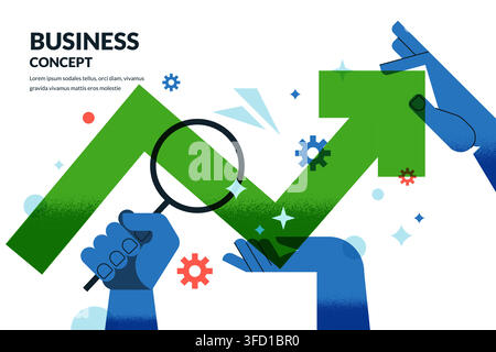 Business growth concept banner. Vector flat textured illustration of green arrow and magnifying glass with human hands. Strategic financial investment Stock Vector