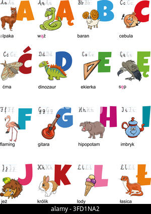Cartoon illustration of Polish capital letters alphabet set with funny characters and objects for reading and writing education for children from A to Stock Vector