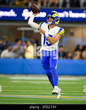 Los Angeles Rams quarterback Ty Simpson (15) throws a pass before an ...