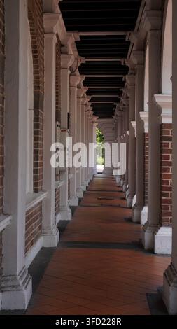 Empty Colonial Corridor with Symmetrical Brick Columns. Vertical view of a long, empty colonial-era arcade corridor with white pillars, red brick pila Stock Photo