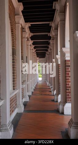 Symmetrical Colonial Arcade Corridor with Brick Columns. Vertical view of a long symmetrical colonial-style corridor with white ornate pillars, red br Stock Photo