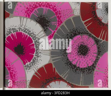A 1932 print specimen of papier peint, featuring a repeating circular design of stylized flowers in shades of pink, red, gray, and white. Stock Photo